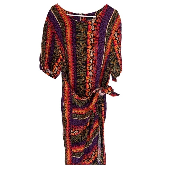 Vibrant gorgeous vintage wrap around maxi dress multicolor tropical tribal print - Picture 6 of 10